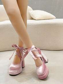 Vintage Style Thick Sole Platform Velvet Bow Mary Jane Pumps With Round Toe, French Elegant Design