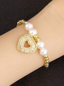 1 件情人节白珍珠 18k 镀金铜串珠手链，女士奢华珠宝，约会礼物 - 金色 - 查看 12