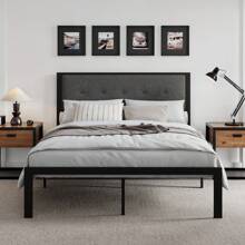 HOOMIC 4 Sizes Metal Bed Frame, Upholstered Headboard With Square Stitched, Classic Button Tufted, Faux Leather, No Box Spring Needed, Black/Dark Grey, Twin Size/Full Size/Queen Size/King Size Bed * Bed Frame Queen Queen Bed Frame Bed Frame Full Full Size Bed Frame King Size Bed Frame Twin Bed Frame Room Decor Home Decor Christmas Decor Bedroom Decor Valentine Day Decor Storage Living Room Decor Furniture House Decor - Dark Grey - View 1