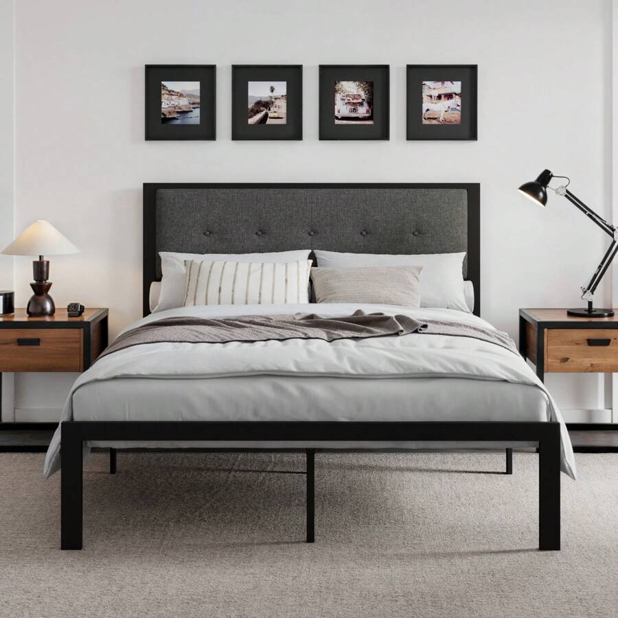HOOMIC 4 Sizes Metal Bed Frame, Upholstered Headboard With Square Stitched, Classic Button Tufted, Faux Leather, No Box Spring Needed, Black/Dark Grey, Twin Size/Full Size/Queen Size/King Size Bed * Bed Frame Queen Queen Bed Frame Bed Frame Full Full Size Bed Frame King Size Bed Frame Twin Bed Frame Room Decor Home Decor Christmas Decor Bedroom Decor Valentine Day Decor Storage Living Room Decor Furniture House Decor - Dark Grey - View 1