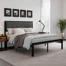 HOOMIC 4 Sizes Metal Bed Frame, Upholstered Headboard With Square Stitched, Classic Button Tufted, Faux Leather, No Box Spring Needed, Black/Dark Grey, Twin Size/Full Size/Queen Size/King Size Bed * Bed Frame Queen Queen Bed Frame Bed Frame Full Full Size Bed Frame King Size Bed Frame Twin Bed Frame Room Decor Home Decor Christmas Decor Bedroom Decor Valentine Day Decor Storage Living Room Decor Furniture House Decor - Dark Grey - View 2
