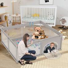 VA-Cerulean Baby Playpen, Children's Playpen With Door, Children's Playground, Gate, With 50 Balls, 4 Pull Rings And Carrying Bag (Gray, 127 * 127 * 68cm) - 程度 - 查看 10
