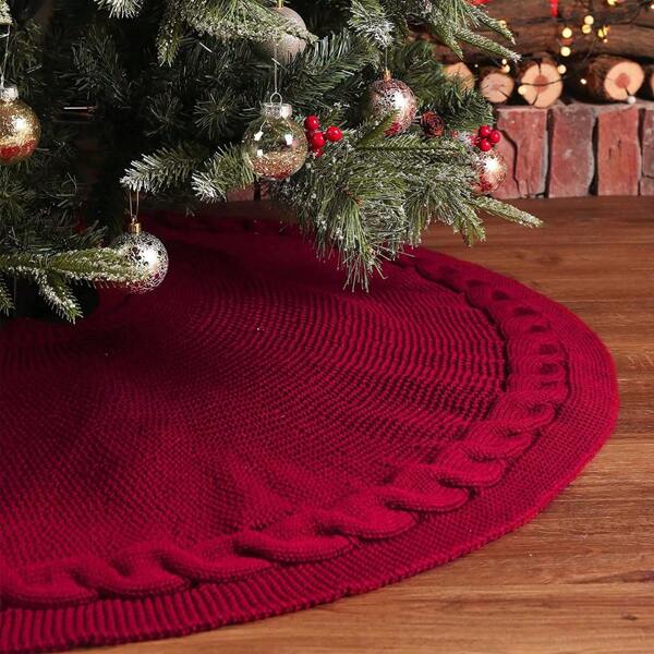 Falda de árbol de Navidad de punto, Delantal de árbol de Navidad de punto rojo, Decoración de árbol de Navidad