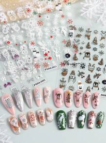 4 张闪光 5D 冬季圣诞指甲贴纸白银金色麋鹿企鹅猫铃铛雪花蝴蝶结灯球圣诞树条纹线 DIY 指甲装饰 - 彩色 - 查看 2