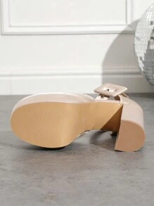 Giày cao gót đế xuồng cho nữ, giày lười gót dày chống thấm nước, mũi tròn gợi cảm, có khóa thắt lưng - Màu be - Xem 7