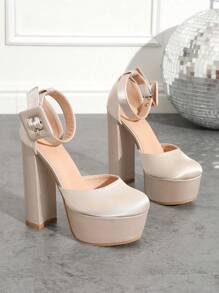 Giày cao gót đế xuồng cho nữ, giày lười gót dày chống thấm nước, mũi tròn gợi cảm, có khóa thắt lưng - Màu be - Xem 5