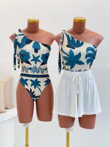 Women's Printed Macaw Bodysuit Summer One-Shoulder Top With Single Strap - 植物 - 查看 1