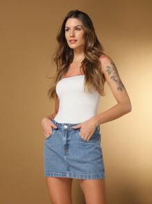 Saia curta jeans feminina no mesmo estilo das celebridades da internet