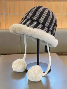 1 件双色格子和几何图案休闲可爱优雅复古波西米亚风格涤纶保暖耳罩防风抽绳渔夫帽，秋冬 - 彩色 - 查看 7