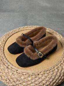 Mocassins femininos de camurça macia com forro de pele, mocassins planos com forro térmico quente, sapatos casuais para ambientes internos com pele de coelho espessada