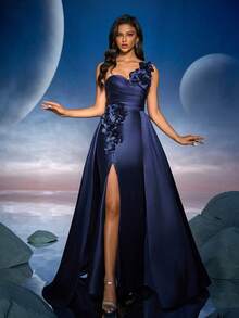 Anymoon 优雅 3D 手工花卉长款晚礼服，适合正式场合、舞会礼服、婚礼宾客、毕业典礼、晚宴礼服 - 藏蓝色 - 查看 4