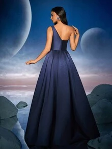 Anymoon 优雅 3D 手工花卉长款晚礼服，适合正式场合、舞会礼服、婚礼宾客、毕业典礼、晚宴礼服 - 藏蓝色 - 查看 2