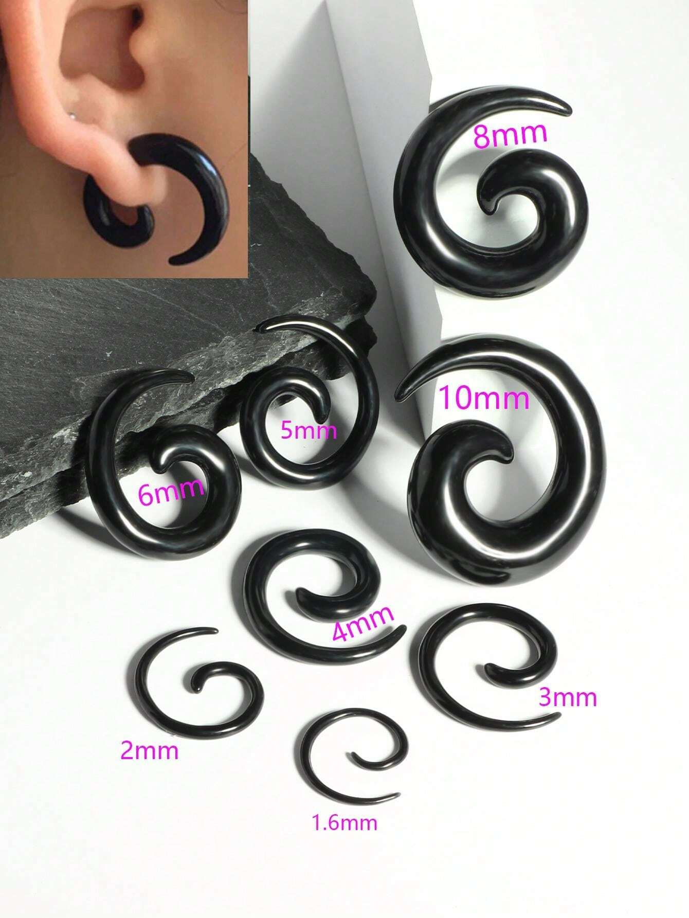 EBHO Lot De 6 Écarteurs De Piercing Oreille - Tapers Acrylique Spirale 1-10mm Noir/Blanc/Rose