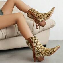 Ankle Cowboy Boots For Women Suede Snip Toe Chunky Heel Western Boots - Beige - View 6