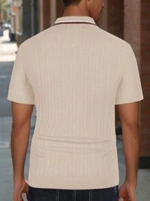 SANOPY Men's Zipper Polo Shirts Short Sleeve Ribbed Knit Polo T Shirts Fashion Casual Shirts - 卡其色 - 查看 3