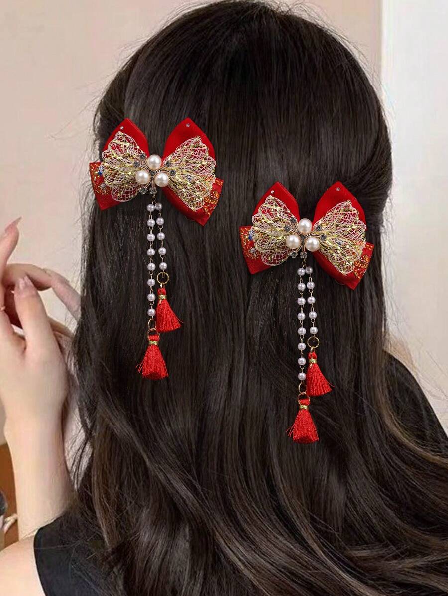 2 件红色新年蝴蝶结发夹配金色网状蝴蝶结装饰，华丽发夹配长吊坠鳄鱼夹流苏发饰，适合日常派对佩戴 - 彩色 - 查看 1