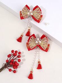 2 件红色新年蝴蝶结发夹配金色网状蝴蝶结装饰，华丽发夹配长吊坠鳄鱼夹流苏发饰，适合日常派对佩戴 - 彩色 - 查看 3