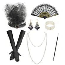 5/7 件 1920 年代风格头饰套装:羽毛头带、手套、仿珍珠项链、手扇、吊坠耳环 - 轻佻女郎派对服装配饰、复古万圣节服装情人节情人节舞会 - 黑色 - 查看 11