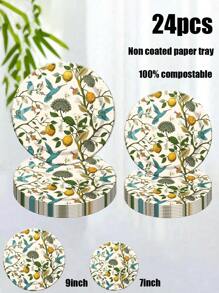 24 teiliges Set, Einweggeschirr, Blumen- und Kolibri-Motiv Einweg Pappteller, Kuchenteller, Party Teller, Geburtstagsteller, Material, geeignet für Geburtstagsfeiern, Werbeaktionen, Partys, Picknicks, Camping - Verschiedenfarbig - Übersicht 1