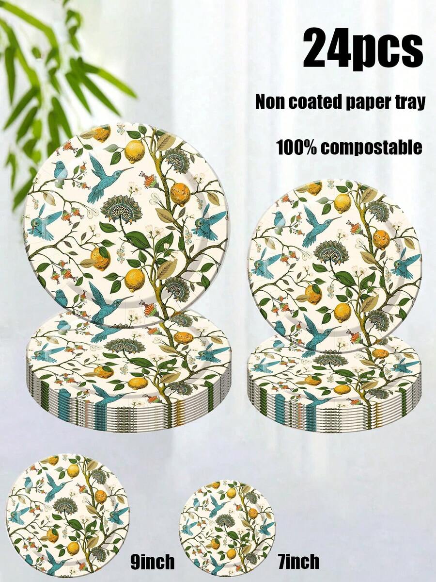 24 teiliges Set, Einweggeschirr, Blumen- und Kolibri-Motiv Einweg Pappteller, Kuchenteller, Party Teller, Geburtstagsteller, Material, geeignet für Geburtstagsfeiern, Werbeaktionen, Partys, Picknicks, Camping - Verschiedenfarbig - Übersicht 1