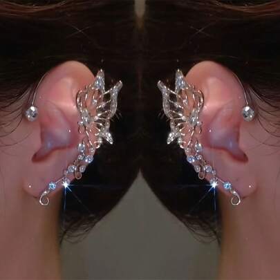 1 对时尚蝴蝶仙女耳环，银、铜材质 - 闪亮、创意、无穿孔设计、奢华手工奇幻人物耳朵，适合女性，非常适合化装派对/主题活动，女士时尚珠宝