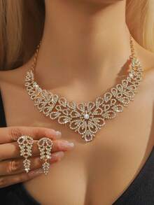 3 件水钻装饰多色花朵和叶子设计首饰套装，适合婚礼、派对和日常佩戴 - 彩色 - 查看 4