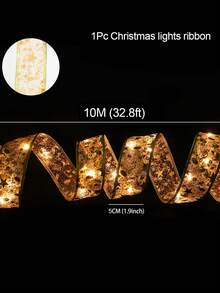 1pc/2pcs 5m/10m Christmas Ribbon LED String Light, Gold Ribbon Christmas Tree Decor, Christmas Decor, Christmas Tree Pendant Gift, Outdoor Indoor Staircase Fireplace Decoration Ribbon Light Strip, Merry Christmas Decoration For Home, Christmas Ornaments