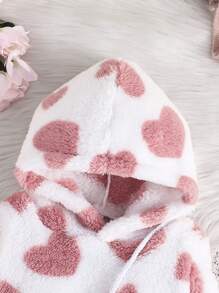 2 件套秋冬女宝宝长袖可爱粉色爱心羊毛保暖连帽卫衣和裤子套装，休闲舒适 + 包