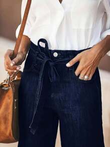 新款女士简约腰带牛仔裤，弹力直筒裤