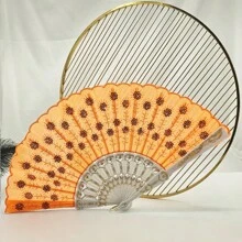 D EXCEED 1 件女士折扇，手工制作优雅彩色刺绣花朵孔雀图案亮片面料折扇（多色）