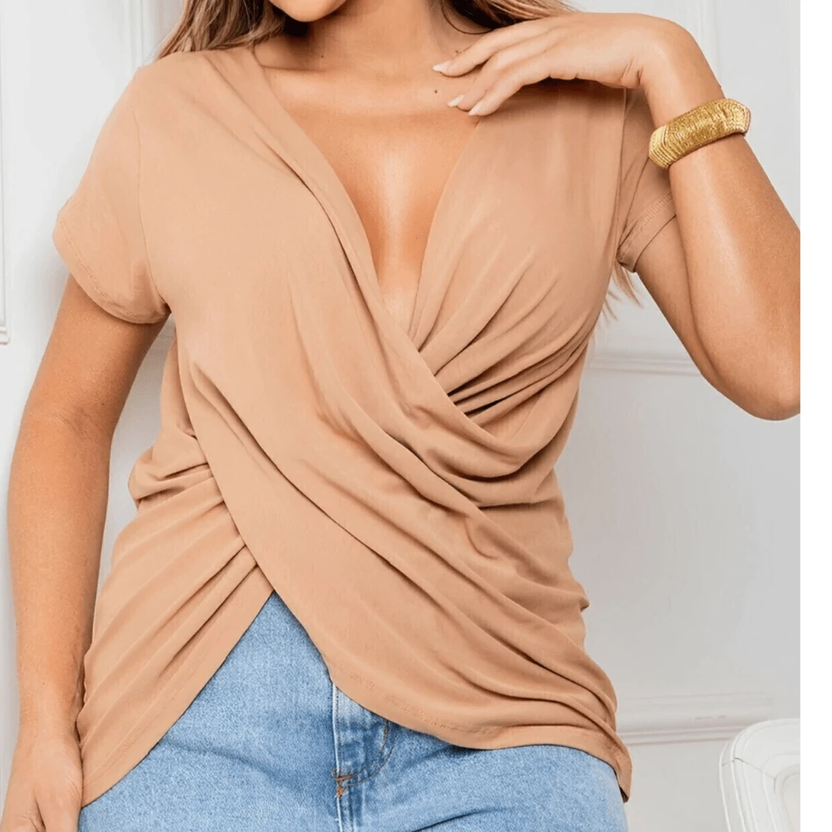 Plain Wrap Top In Viscolycra Comfortable Loose Oversized Short Sleeve Women's Fashion - Camel - View 1
