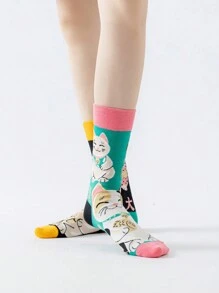 Cartoon Lucky Cat With Sparkling Lines Women's Mid-Calf Socks