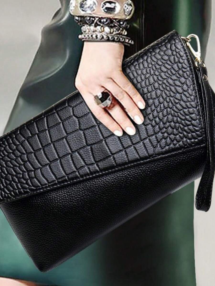 Túi cầm tay họa tiết vân cá sấu cao cấp sang trọng, Túi đeo vai dự tiệc nhỏ thời trang dành cho nữ, Túi tote đa năng, Túi xách họa tiết vân cá sấu đặc biệt - màu đen - Xem 1
