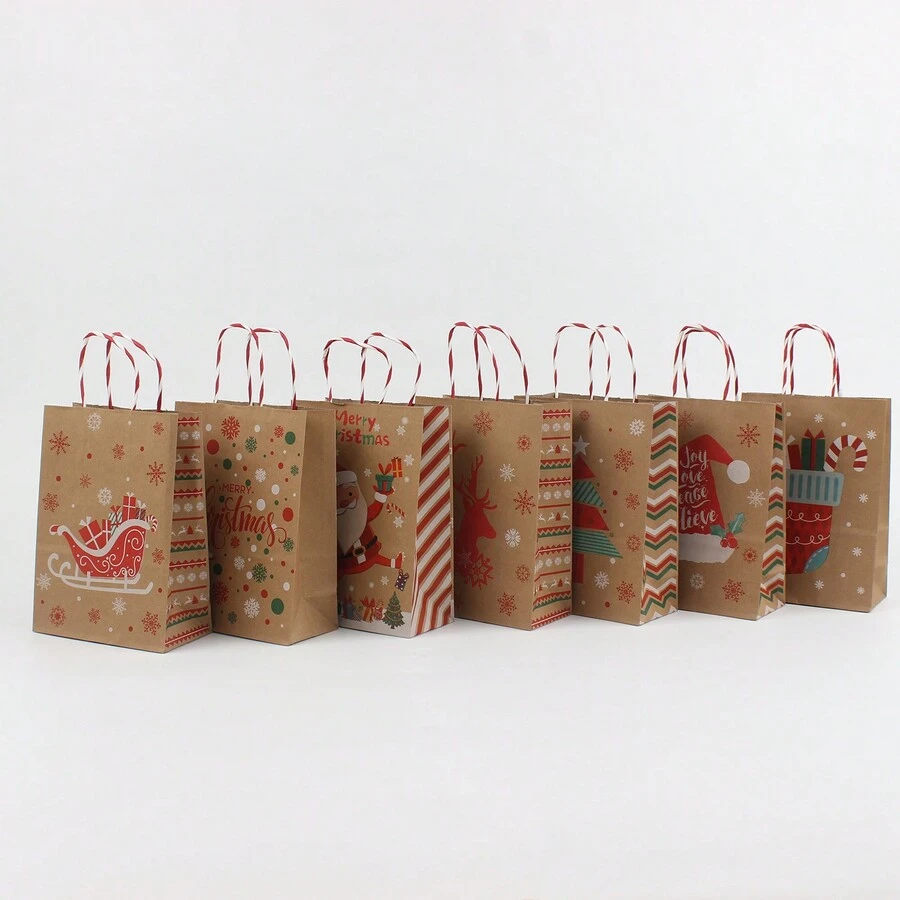 10 件套豪华牛皮纸圣诞手提袋 - 可重复使用、便携、带手柄的印刷礼品袋 - 非常适合节日送礼、新年 - 10pcs/5種款式各2個 - 查看 1