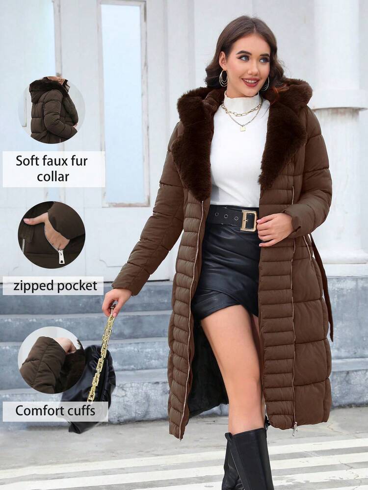 Risissida Women's Long Winter Jacket With Waist Tie And Fur Collar