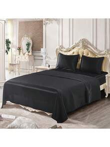 4 Pcs Smooth Satin Silk Sheet Set Deep Pocket Bed Sheet Wrinkle Fade Resistant - 黑色 - 查看 11