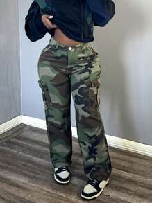 American Street Style Camouflage Cargo Straight Leg Jeans