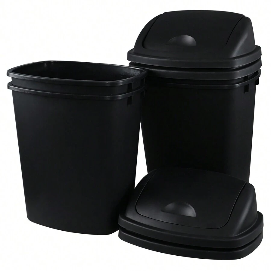 10 Gallon Plastic Kitchen Waste Bin With Swing Top, Set Of 4 Plastic Tall Garbage Bin With Swing Lid, Black - Black - View 1