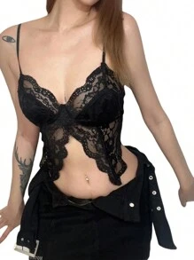 Women Lace Camisole, Sleeveless See-Through Slit Slim Summer Bralette For Club Party - 黑色 - 查看 2