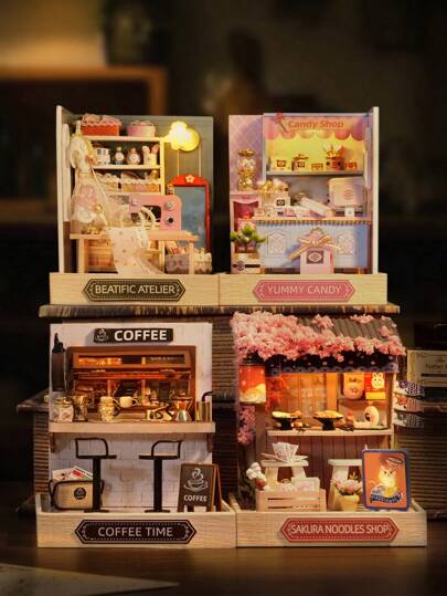 1 Set DIY Mini House Kit, Wooden 3D Scene Building Puzzle Model, Happiness Pavilion Mini House, Street Stall, Dollhouse Bedroom Decor, Comes With Lights (Batteries Not Included), Great Gift Idea For Family And Friends