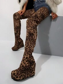 2024 新款女士豹纹绒面过膝靴，坡跟厚底可调节高度马靴，适合秋冬季户外活动 - 彩色 - 查看 5