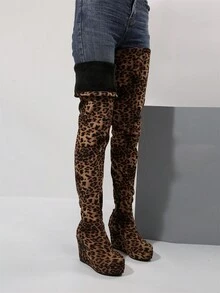 2024 新款女士豹纹绒面过膝靴，坡跟厚底可调节高度马靴，适合秋冬季户外活动 - 彩色 - 查看 8