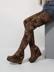 2024 新款女士豹纹绒面过膝靴，坡跟厚底可调节高度马靴，适合秋冬季户外活动 - 彩色 - 查看 6