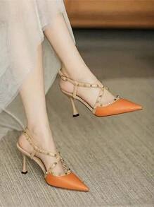 Sandálias da Moda com Rebite para Mulheres, Outono/Inverno 2025, Salto Alto Fechado Laranja Estilo Stilettos com Tiras Cruzadas, Sapatos de Vestido de Verão, Elegantes, Sapatos de Salto para Mulheres