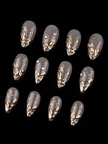 30片/套 现代简约休闲优雅街头风个性化复古3D不对称装饰青铜金水钻美甲贴纸套装，瞬间提升您的造型，适合精致优雅的女孩和女士日常及购物使用。 - 金色 - 查看 6