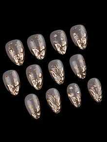 30片/套 现代简约休闲优雅街头风个性化复古3D不对称装饰青铜金水钻美甲贴纸套装，瞬间提升您的造型，适合精致优雅的女孩和女士日常及购物使用。 - 金色 - 查看 3