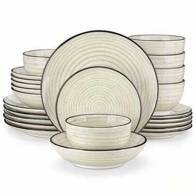 vancasso Service de table en porcelaine 24 pièces, assiette plate, assiette à dessert, assiette creuse et bol pour 6 personnes, ensemble beige, passe au micro-ondes, au four et au lave-vaisselle, taches peintes à la main, des deux côtés