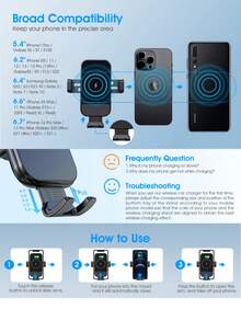 YITUMU Bộ sạc không dây trên ô tô, Sạc nhanh Qi 15W, Kẹp điện thoại trên ô tô, Giá đỡ điện thoại trên cửa gió điều khiển kính chắn gió, Giá đỡ điện thoại trên ô tô cho hầu hết các điện thoại Android và Apple có sạc không dây - Nhiều màu - Xem 5