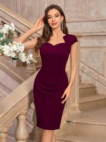 MIUSOL Elegant Solid Color Sweetheart Neck Short Sleeve Ruched Cocktail Party Bodycon Dress