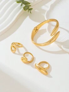 1 bộ vòng tay vàng hình học thời trang cổ điển và bộ nhẫn dày kết hợp, bộ trang sức thời trang và bền bỉ dành cho phụ nữ, thích hợp để đeo hàng ngày, lễ hội, tụ họp xã hội, quà tặng cho các cặp đôi - Vàng - Xem 4